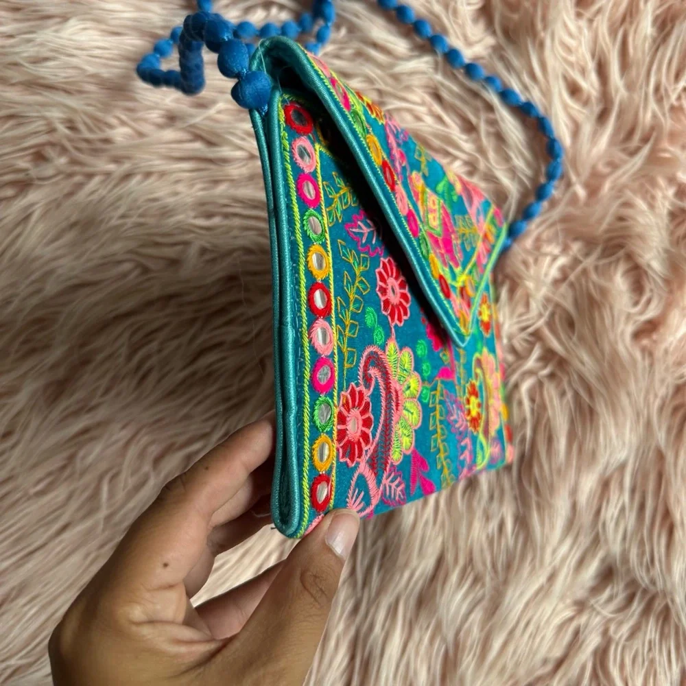 Blue Embroidered Flap Clutch with Pom Pom Cross Bodysuit Strap - Picture 4 of 7